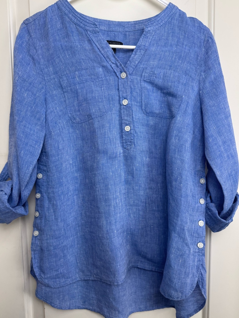 Talbots Petite P 100% Linen Blue Popover Tunic Roll Tab Side Button